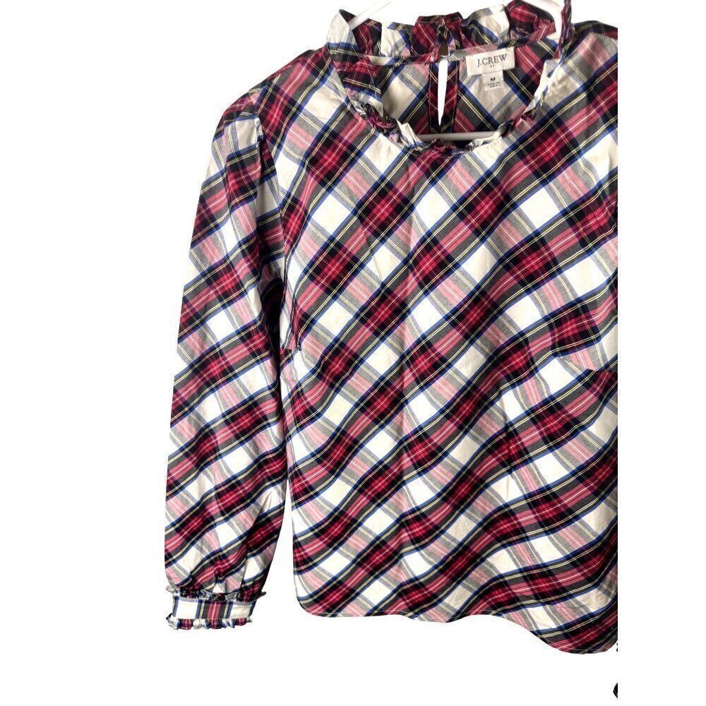 J.Crew Womens Plaid Ruffle Neck Blouse Size M Long Sleeve Holiday Plaid EUC Sz M - Picture 4 of 12